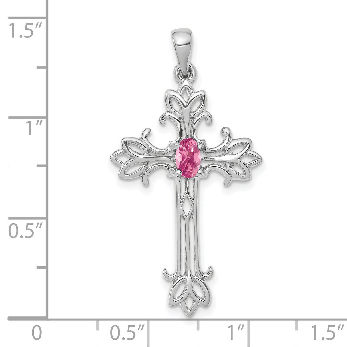 14k White Gold Cross Pendant with Pink Tourmaline, Filigree Religious Design