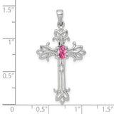 14k White Gold Cross Pendant with Pink Tourmaline, Filigree Religious Design