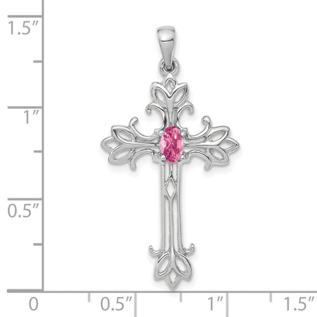 14k White Gold Cross Pendant with Pink Tourmaline, Filigree Religious Design