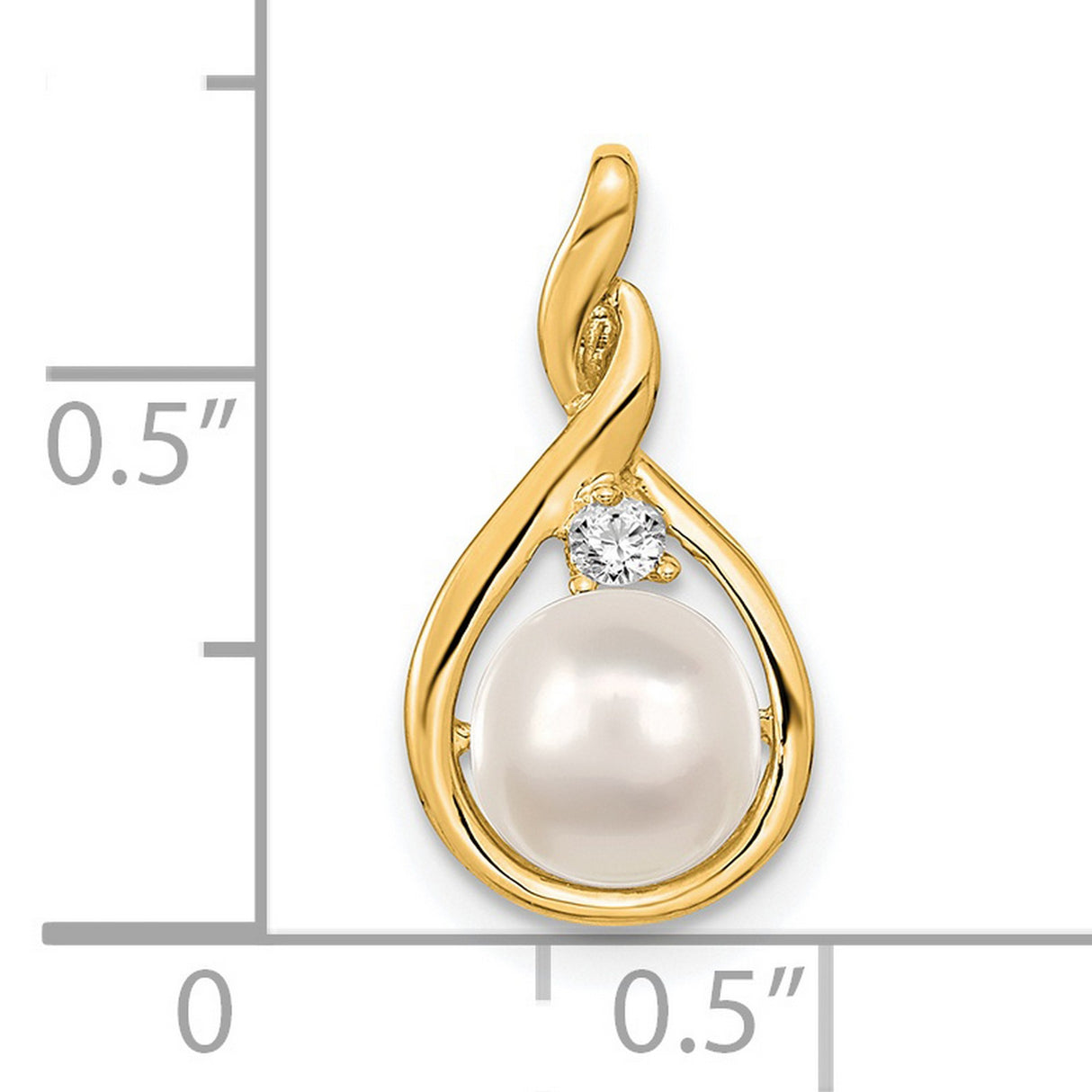 7mm White Round Freshwater Cultured Pearl AAA Diamond Charm Pendant in Real 14k Yellow Gold