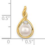 7mm White Round Freshwater Cultured Pearl AAA Diamond Charm Pendant in Real 14k Yellow Gold
