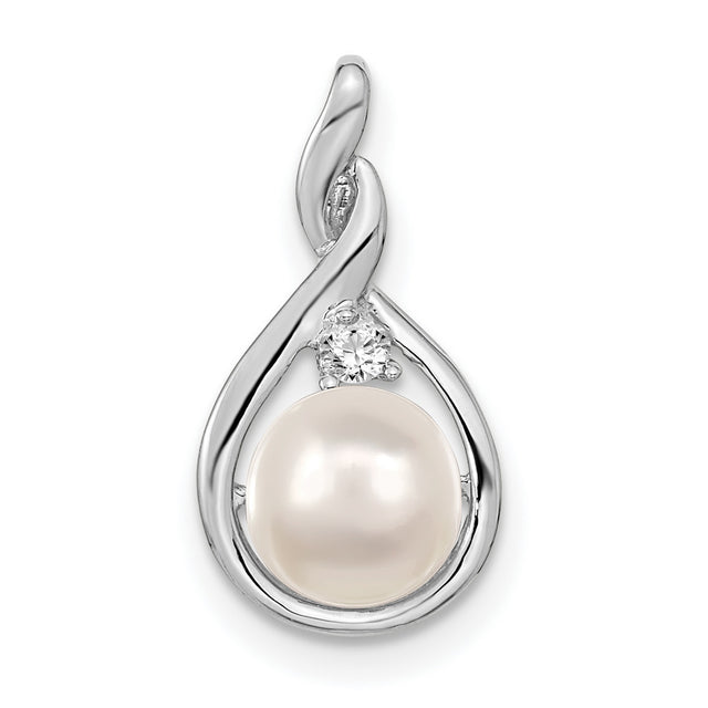 14k White Gold Pendant with Cultured Pearl and Diamond Accent in Teardrop Swirl Design
