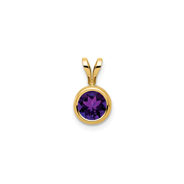 14k Yellow Gold Amethyst Pendant, Bezel Set Round Purple Gemstone with Minimalist Design