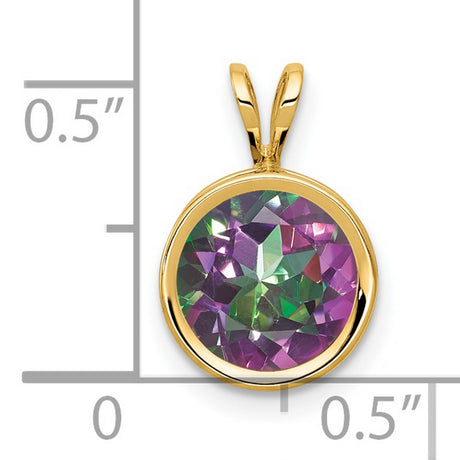 14k Yellow Gold Round Pendant with Mystic Fire Topaz, Bezel Set Modern Design Charm