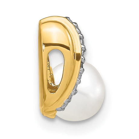 14k Yellow Gold Pendant with Cultured Pearl and Diamond Accent, Curved Design for Women
