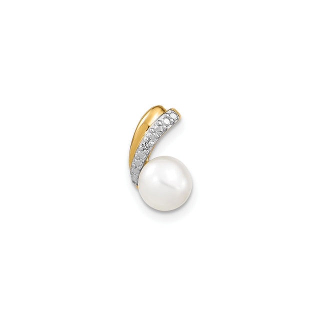 14k Yellow Gold Pendant with Cultured Pearl and Diamond Accent, Curved Design for Women