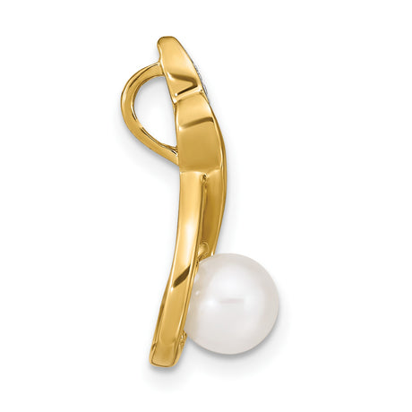 14k Yellow Gold Pendant with White Pearl and Diamond Accents, Abstract Teardrop Design