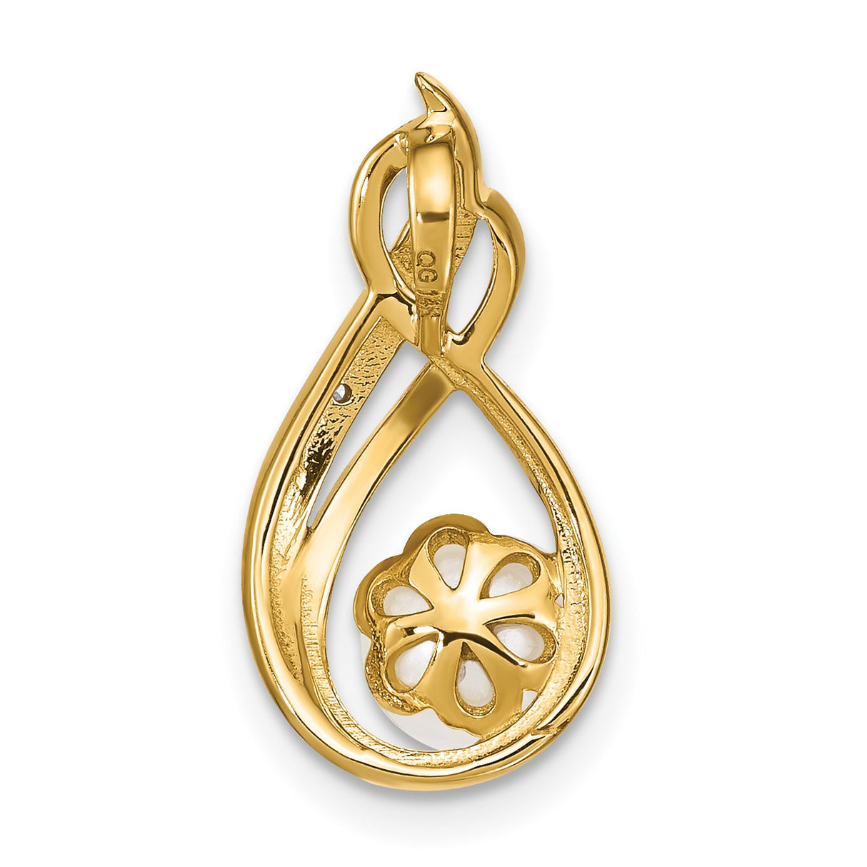 14k Yellow Gold Pendant with White Pearl and Diamond Accents, Abstract Teardrop Design