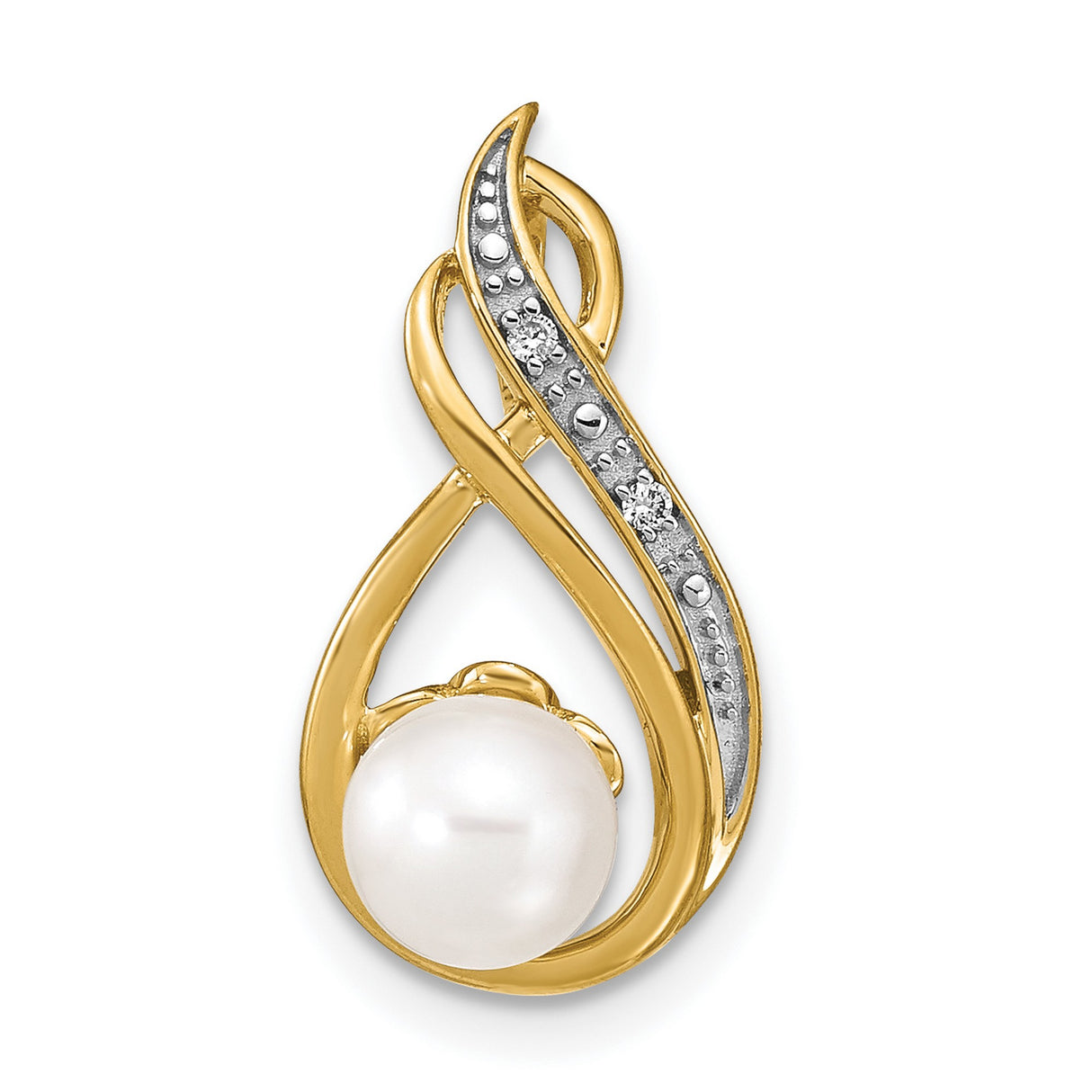 14k Yellow Gold Pendant with White Pearl and Diamond Accents, Abstract Teardrop Design