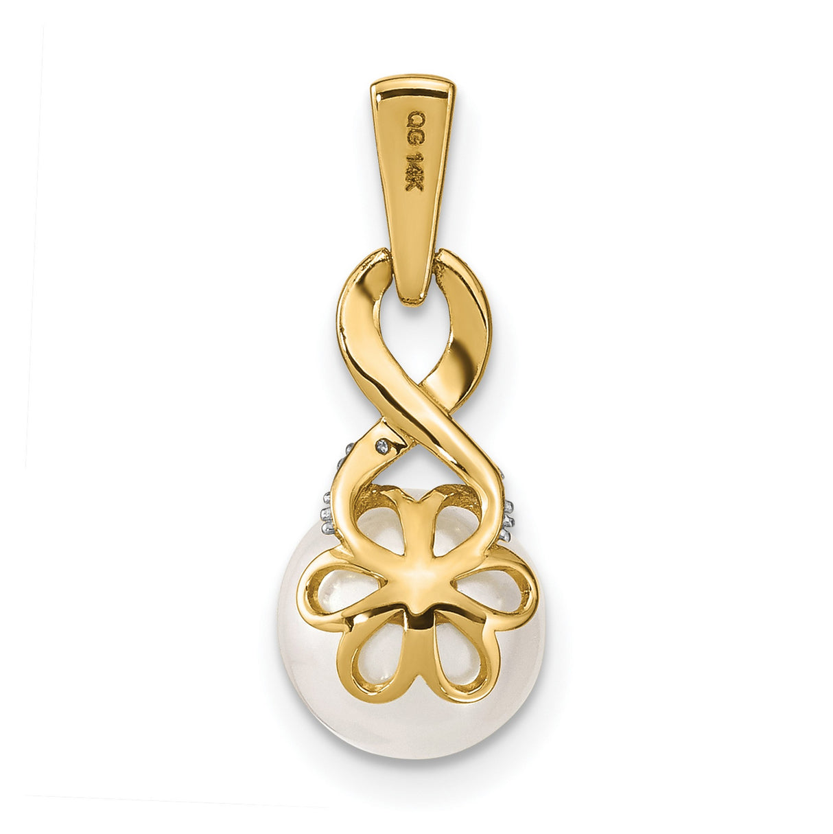 14k Yellow Gold Pendant with Cultured White Pearl, Infinity Symbol and Diamond Accents