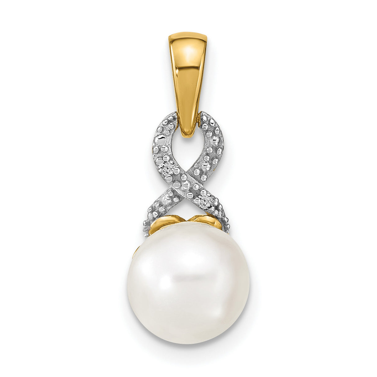 14k Yellow Gold Pendant with Cultured White Pearl, Infinity Symbol and Diamond Accents