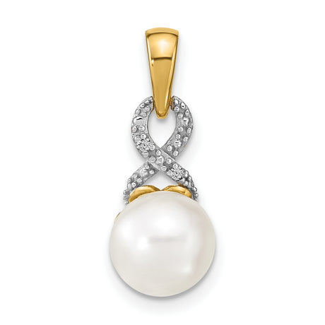 14k Yellow Gold Pendant with Cultured White Pearl, Infinity Symbol and Diamond Accents