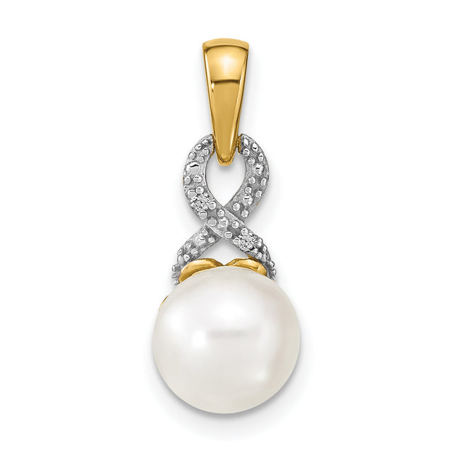 14k Yellow Gold Pendant with Cultured White Pearl, Infinity Symbol and Diamond Accents