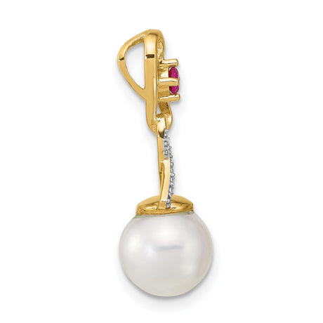 14k Yellow Gold Heart Pendant with Pink Gemstone, Diamond Accent, and Pearl Drop