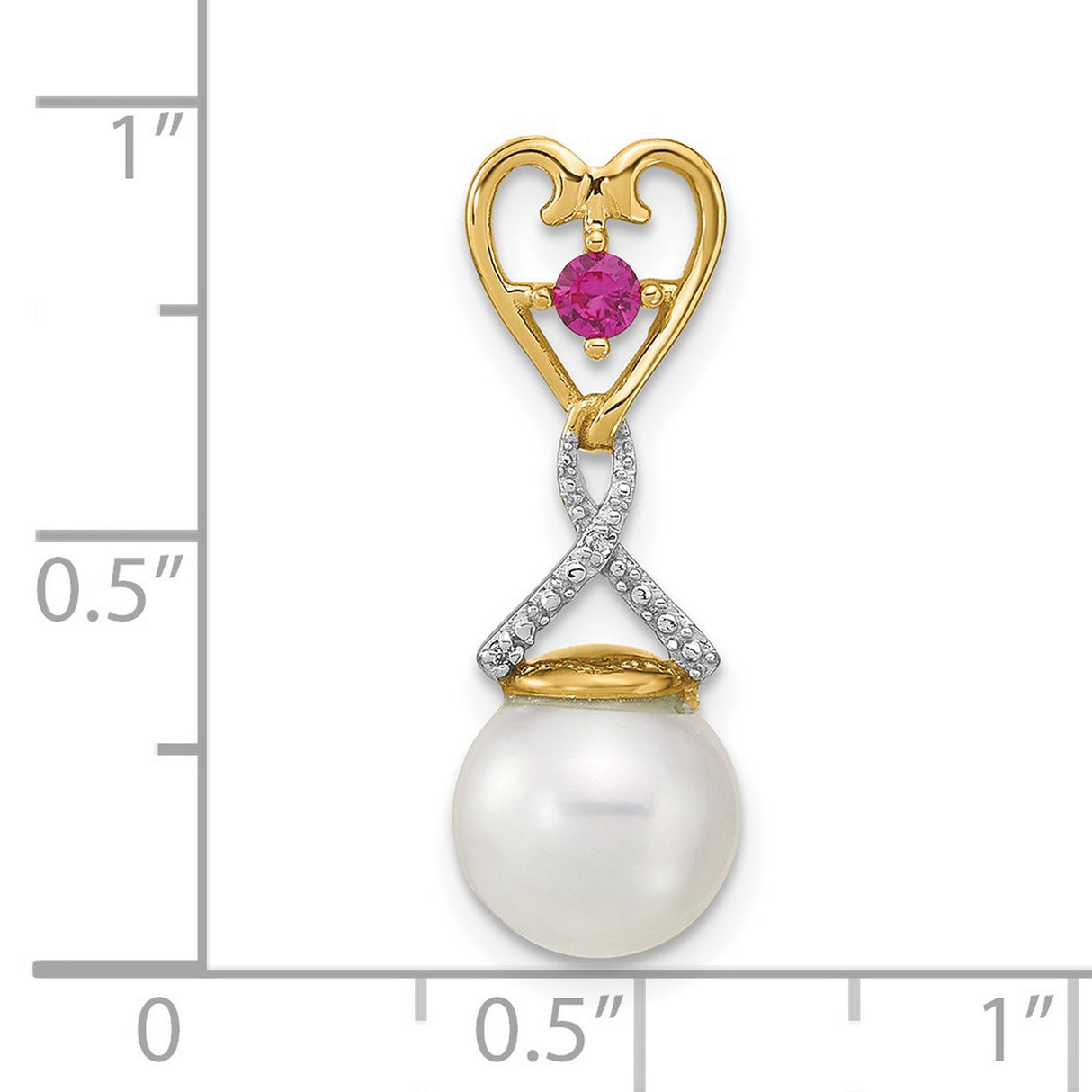 14k Yellow Gold Heart Pendant with Pink Gemstone, Diamond Accent, and Pearl Drop