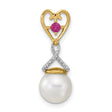14k Yellow Gold Heart Pendant with Pink Gemstone, Diamond Accent, and Pearl Drop