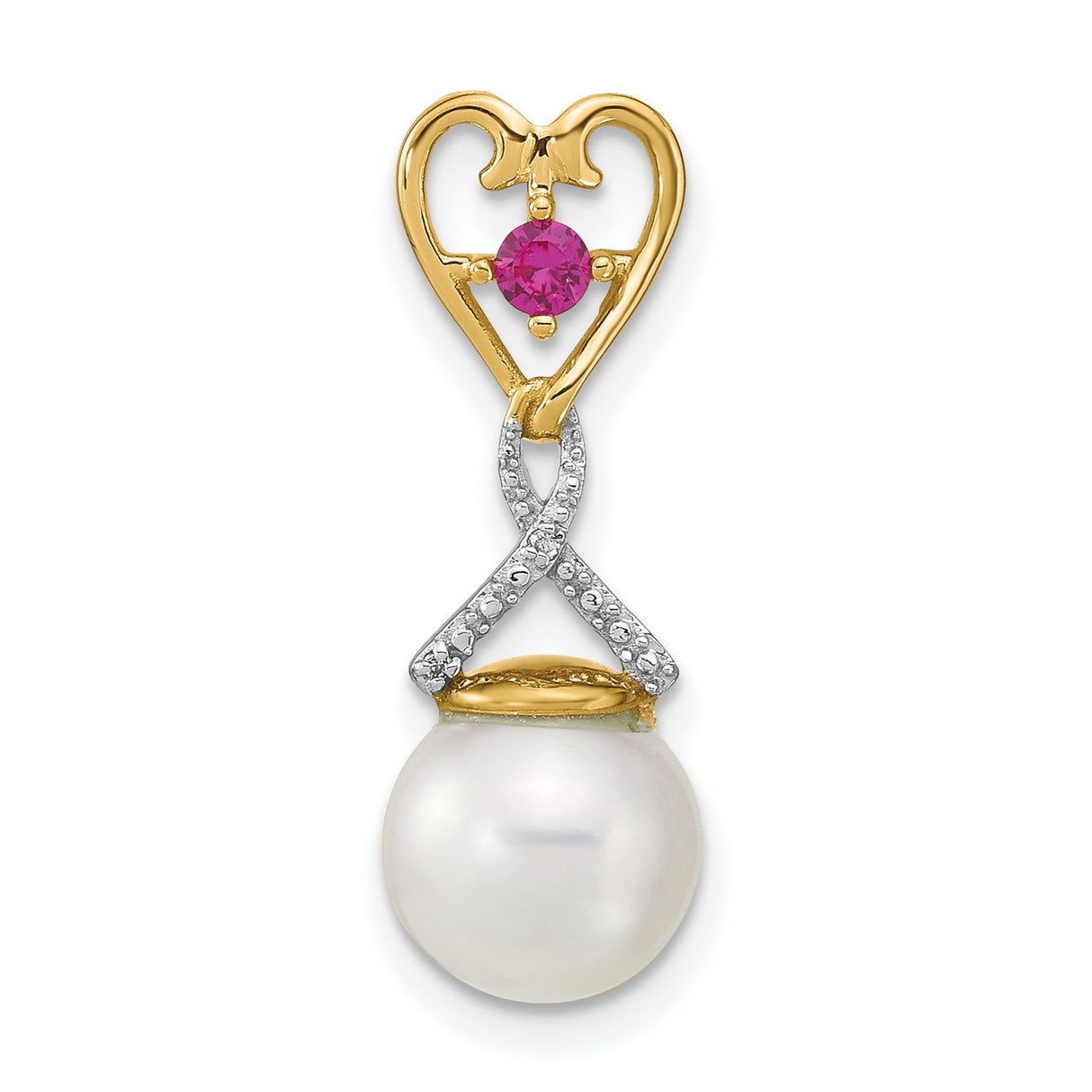 14k Yellow Gold Heart Pendant with Pink Gemstone, Diamond Accent, and Pearl Drop