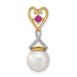 14k Yellow Gold Heart Pendant with Pink Gemstone, Diamond Accent, and Pearl Drop