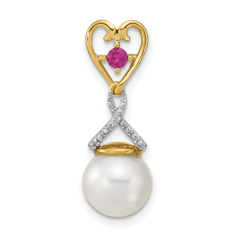 14k Yellow Gold Heart Pendant with Pink Gemstone, Diamond Accent, and Pearl Drop