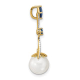 14k Yellow Gold Pendant with White Pearl Drop, Sapphire and Diamond Accent, Floral Design