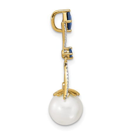 14k Yellow Gold Pendant with White Pearl Drop, Sapphire and Diamond Accent, Floral Design