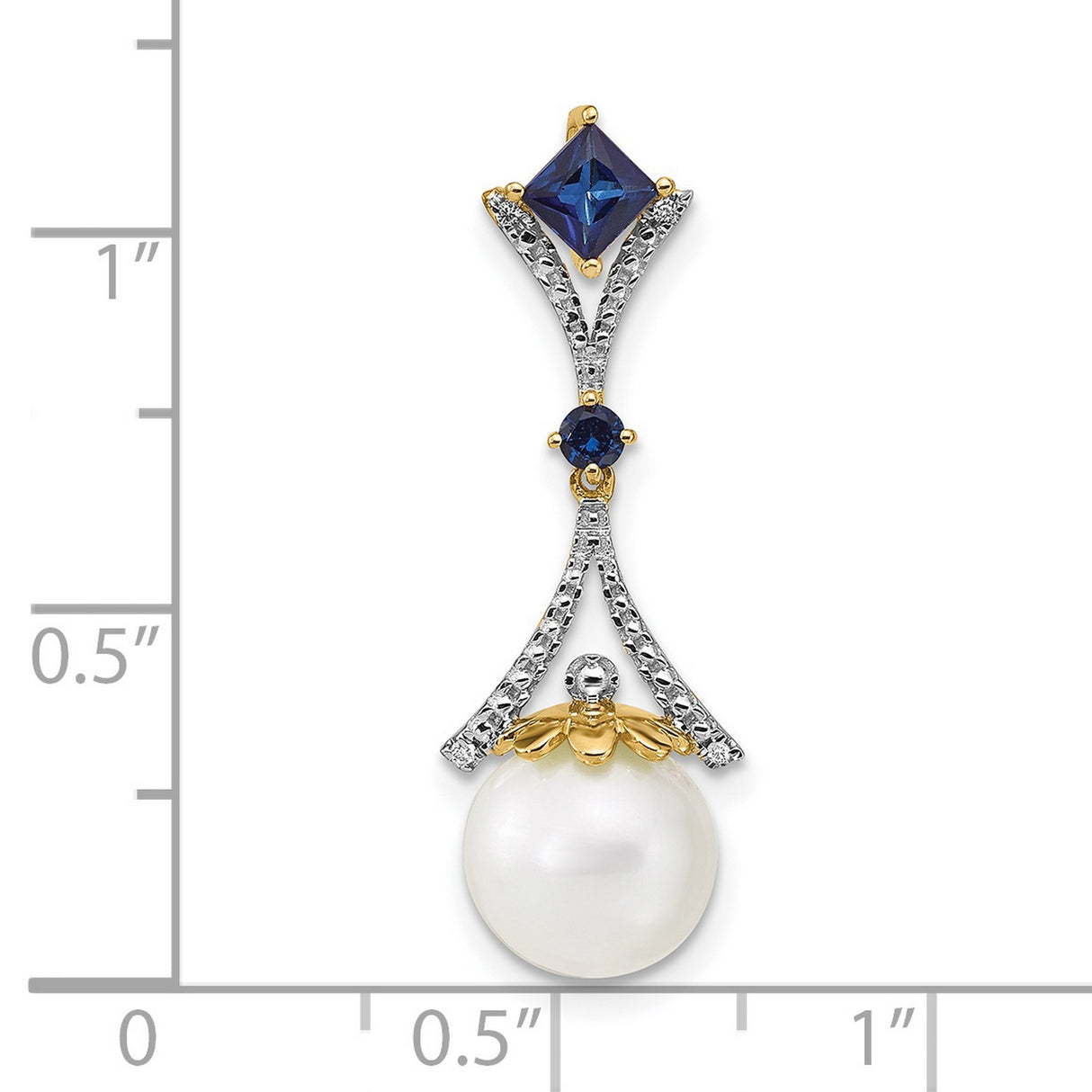 14k Yellow Gold Pendant with White Pearl Drop, Sapphire and Diamond Accent, Floral Design