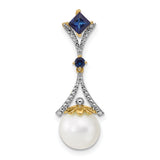 14k Yellow Gold Pendant with White Pearl Drop, Sapphire and Diamond Accent, Floral Design
