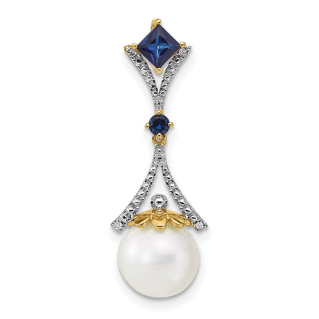 14k Yellow Gold Pendant with White Pearl Drop, Sapphire and Diamond Accent, Floral Design