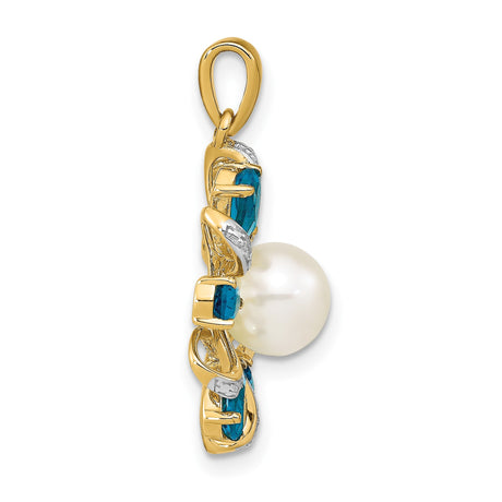 14k Yellow Gold Pendant with White Pearl, Blue Topaz Teardrop, Diamond Accents, Loop Motif