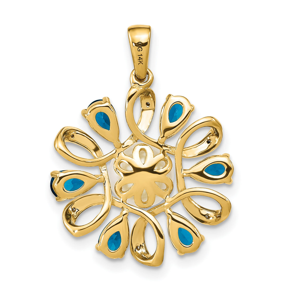 14k Yellow Gold Pendant with White Pearl, Blue Topaz Teardrop, Diamond Accents, Loop Motif