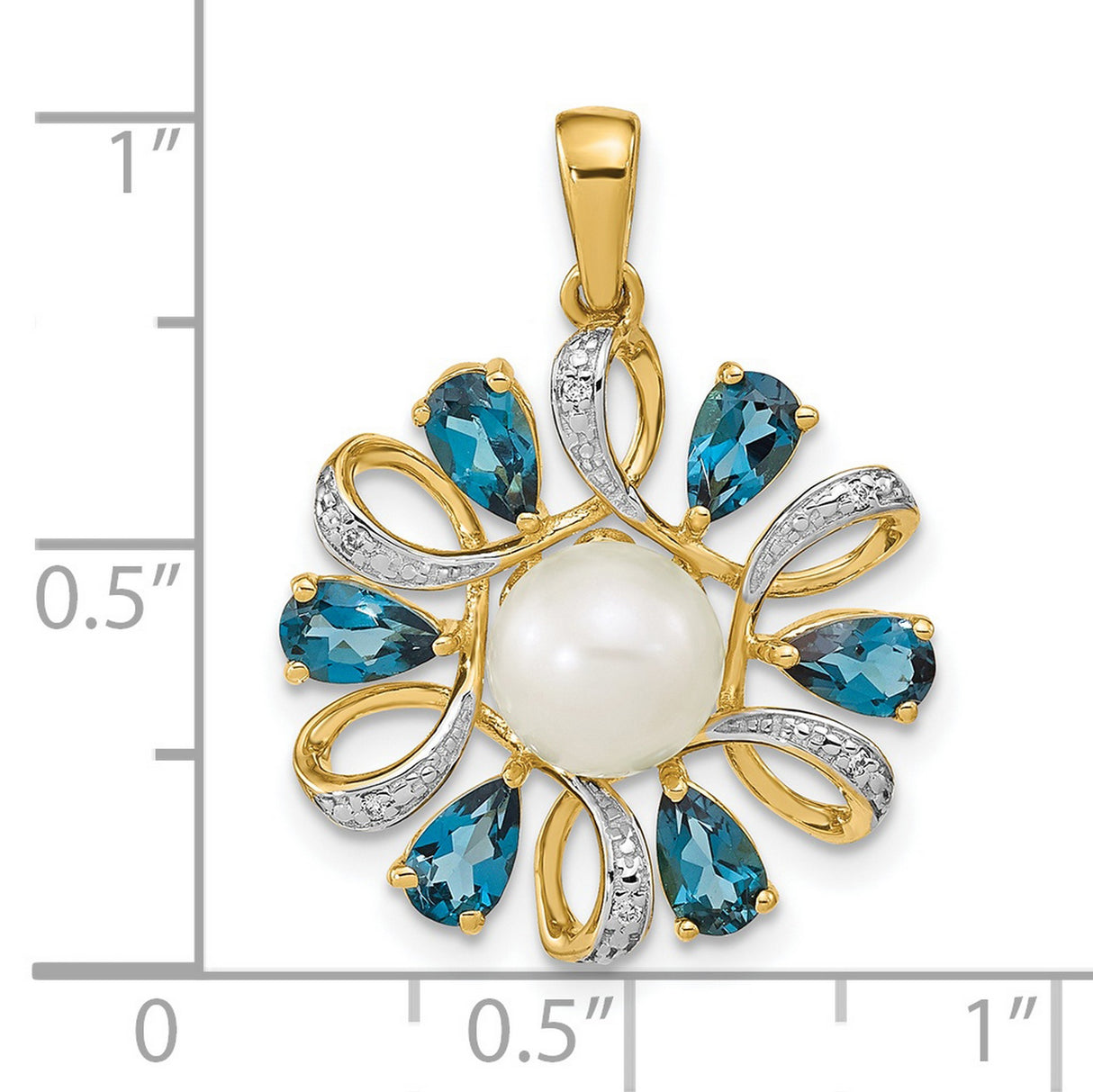 14k Yellow Gold Pendant with White Pearl, Blue Topaz Teardrop, Diamond Accents, Loop Motif
