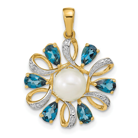 14k Yellow Gold Pendant with White Pearl, Blue Topaz Teardrop, Diamond Accents, Loop Motif