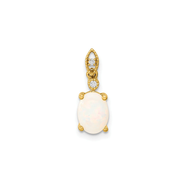 14k Yellow Gold Pendant with Oval White Opal and Diamond Accents, Marquise Shaped Design