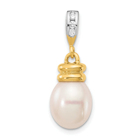 14k Yellow Gold Pendant with White Cultured Pearl Drop and Diamond Accents, Classic Design