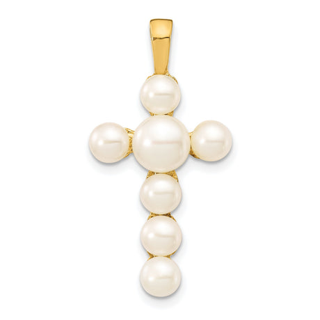 14k Yellow Gold Cross Pendant with White Freshwater Pearl, Catholic Christian Jewelry for Women