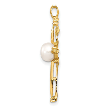 14k Yellow Gold Cross Pendant with White Pearl and Diamond Accents, Christian Faith Jewelry for Women