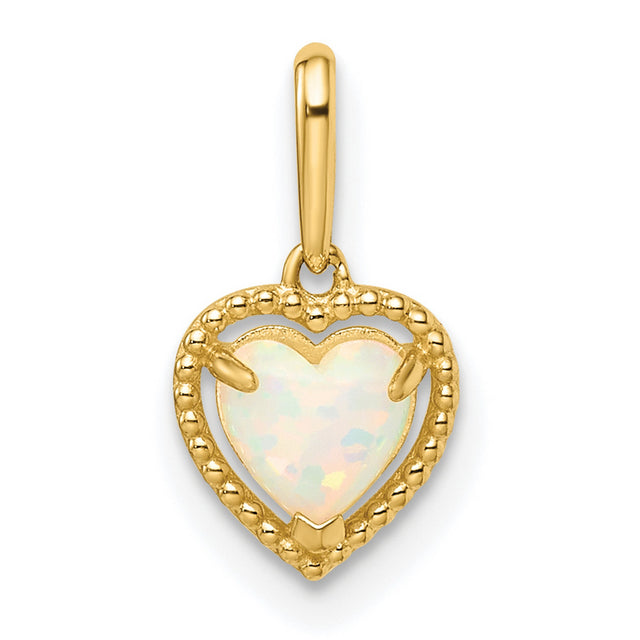 14k Yellow Gold Heart Pendant with Lab Created Opal, Beaded Frame Design