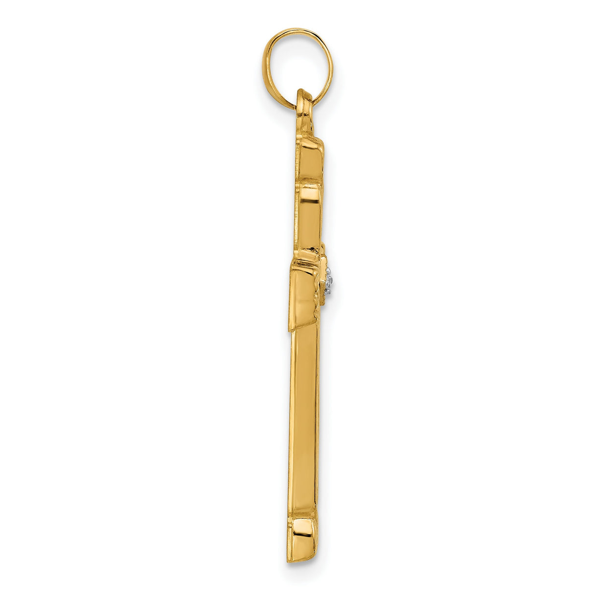 14k Yellow Gold Cross Pendant with Diamond Accent, Textured Religious Christian Charm for Men or Unisex
