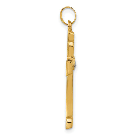 14k Yellow Gold Cross Pendant with Diamond Accent, Textured Religious Christian Charm for Men or Unisex