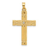 14k Yellow Gold Cross Pendant with Diamond Accent, Textured Religious Christian Charm for Men or Unisex