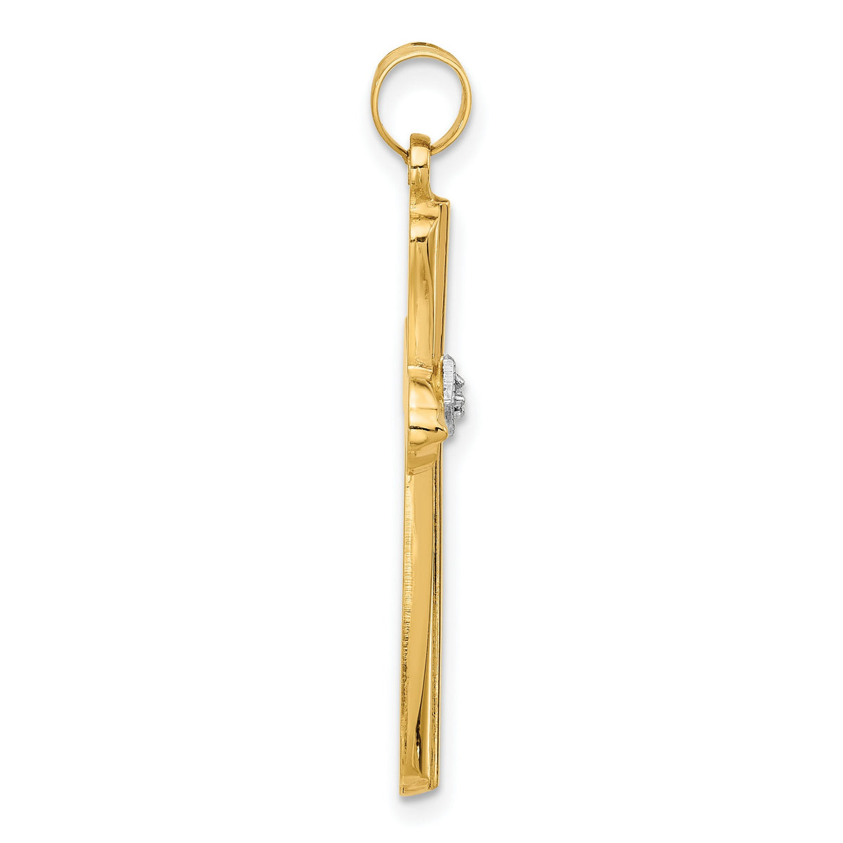 Polished and Grooved Hollow Diamond Cross Charm Pendant in Real 14k Yellow Gold