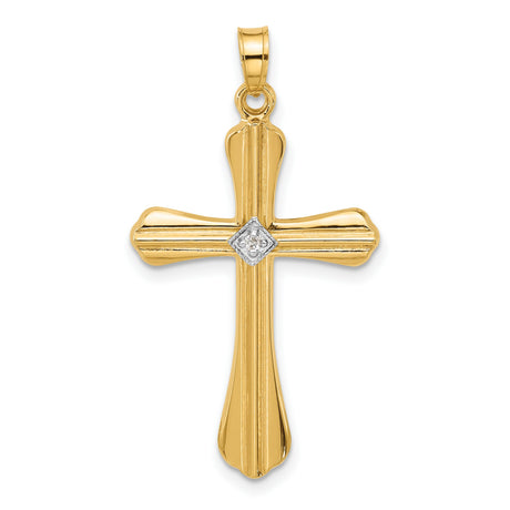 14k Yellow Gold Cross Pendant with Flared Design and White Gold Diamond Center
