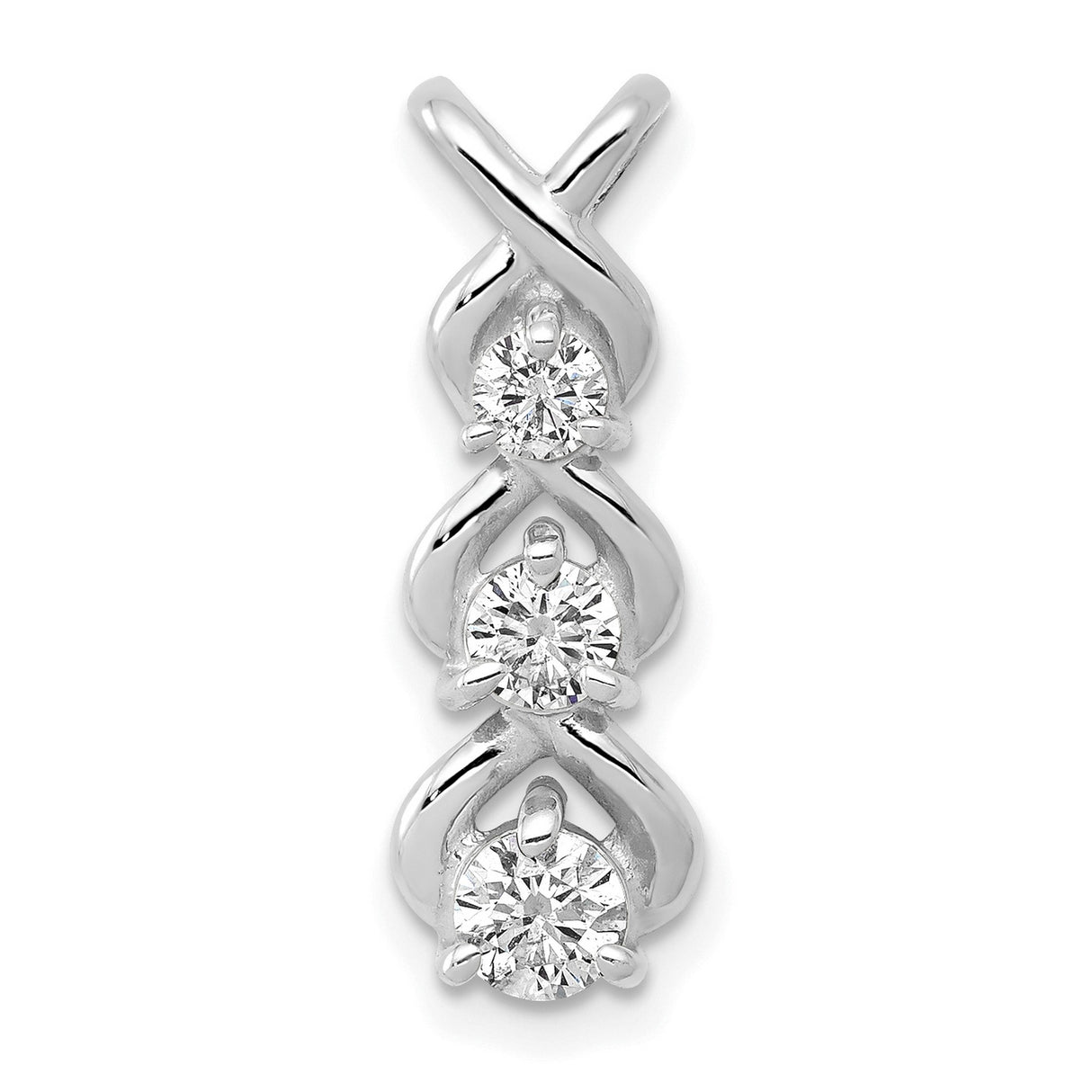 14k White Gold Pendant with Three Round Cut Diamonds, Vertical Twist Design