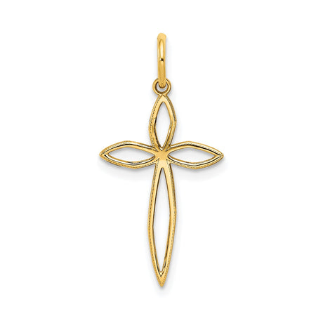 14k Yellow Gold Cross Pendant with Open Marquise Design, Lightweight Religious Charm for Women