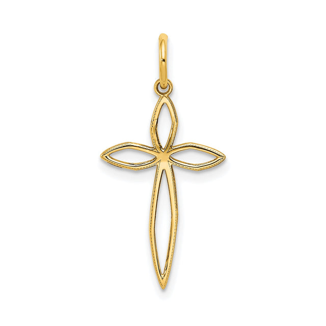 14k Yellow Gold Cross Pendant with Open Marquise Design, Lightweight Religious Charm for Women