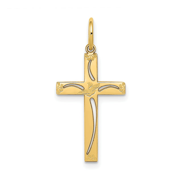 14k Yellow Gold Cross Pendant with Floral and Vine Design, Christian Religious Jewelry for Women