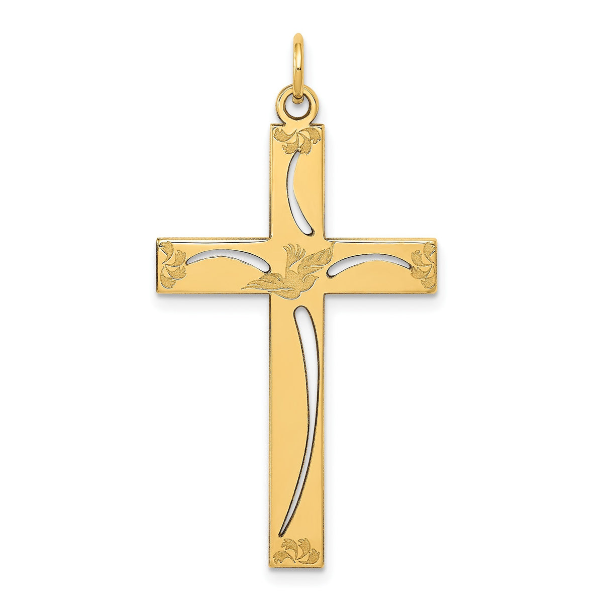14k Yellow Gold Cross Pendant with Dove and Floral Details, Christian Religious Charm