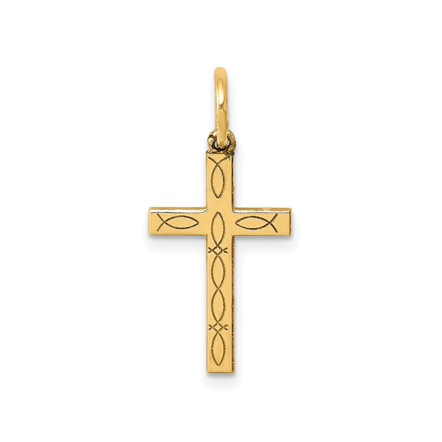 14k Yellow Gold Cross Pendant with Ichthys Fish Symbol, Christian Religious Jewelry
