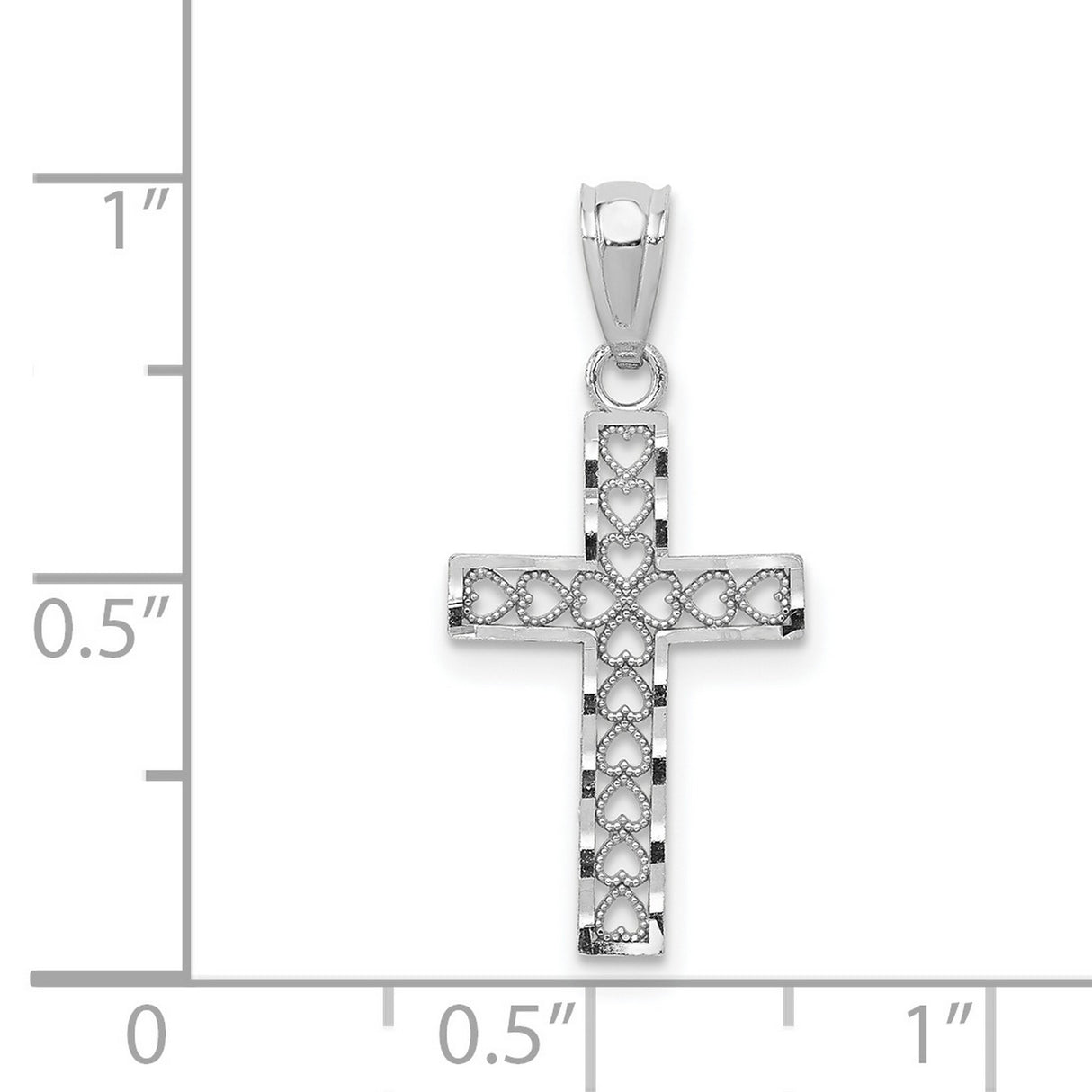 Latin Cross With Inset Hearts Charm Pendant in Real 14k White Gold