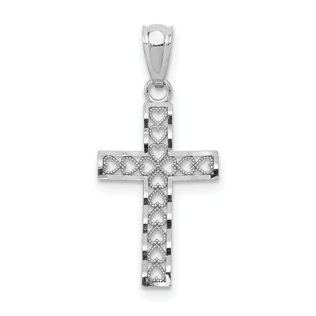 Latin Cross With Inset Hearts Charm Pendant in Real 14k White Gold